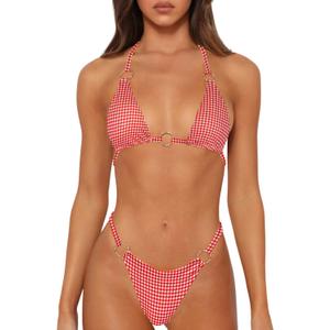 MIKETAI Sexy Bikinis for Women 2 Piece Bikini Spaghetti Strap Swimsuits Solid Color Bathing Swimwear Triangle Bathing Suit (US, Alpha, Medium, Regular, Regular, Red Check)