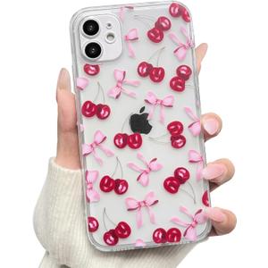 NITITOP Compatible with iPhone 11 Case Cute Clear Cherry Bowknot Design for Women Girls Bow Ribbon Soft Fit Slim Stylish Anti Yellowing Protective Phone Cover - Pink