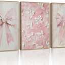 3Pcs Trendy Pink Bow Canvas Wall Art Vintage Cute Preppy Watercolor Bows Painting Pictures Wall Decor Posters Prints Girly Aesthetic for College Apartment Bedroom Decoration Unframed