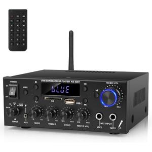 Stereo Audio Amplifier, 2 Channel 500W Bluetooth 5.0 Home Theater Power Amplifier with FM, Echo, AUX, USB, SD, MIC Inputs, HiFi AMP for Passive Speakers and Active subwoofer