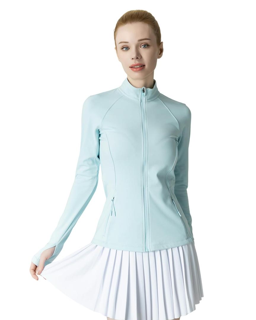 Leapstride Women's Slim-Fit Zip-Up Jacket - 2 Side & Back Zip Pockets, Thumbholes, Moisture-Wicking for Tennis/Running, Medium