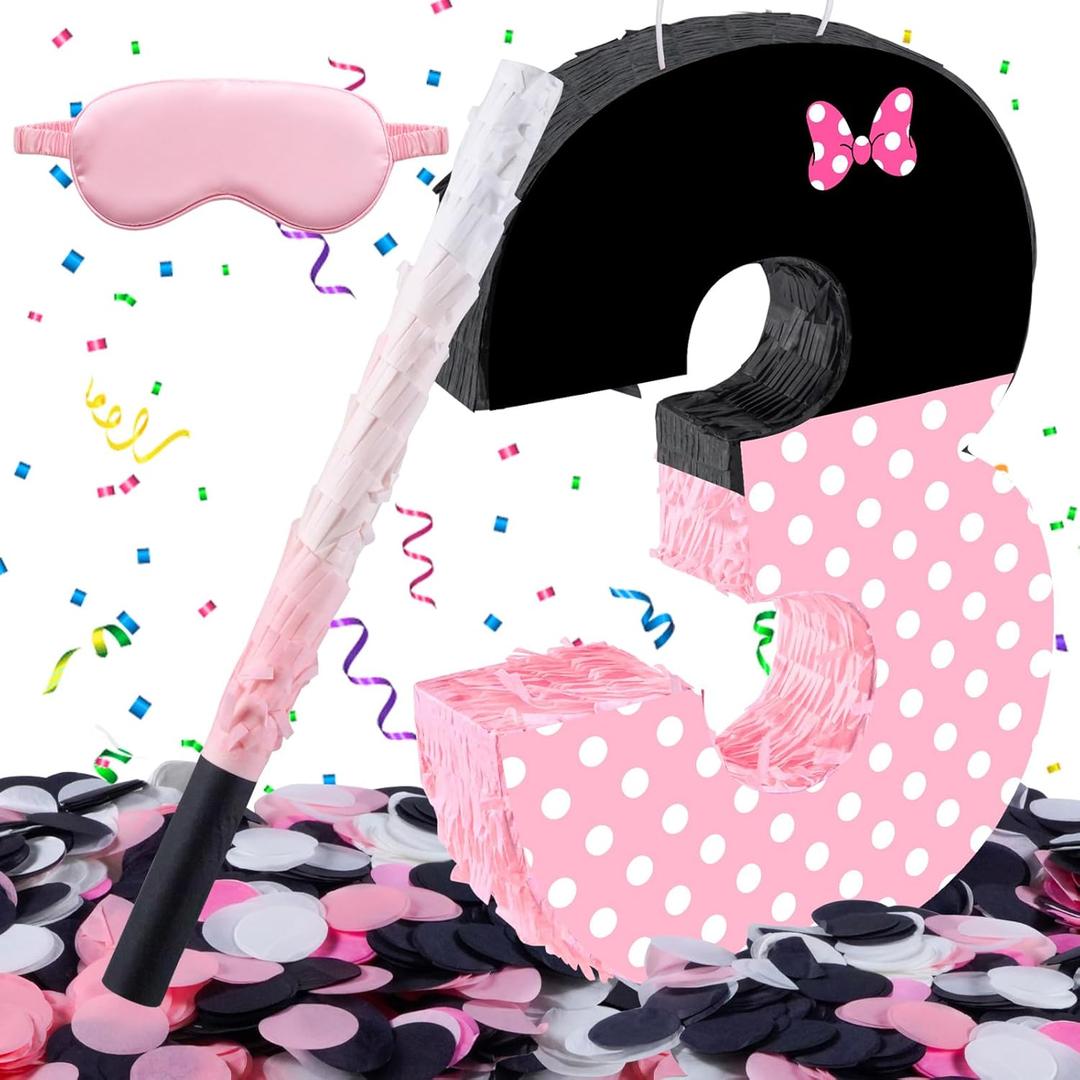 15.7 x 11.5 x 3 Inch Pink Bow Number 3 Pinata,Pink Bow Birthday Decorations, Fillable Hanging Piata with Stick Blindfold Confetti for Girls Boys 3rd Anniversary Party Decorations