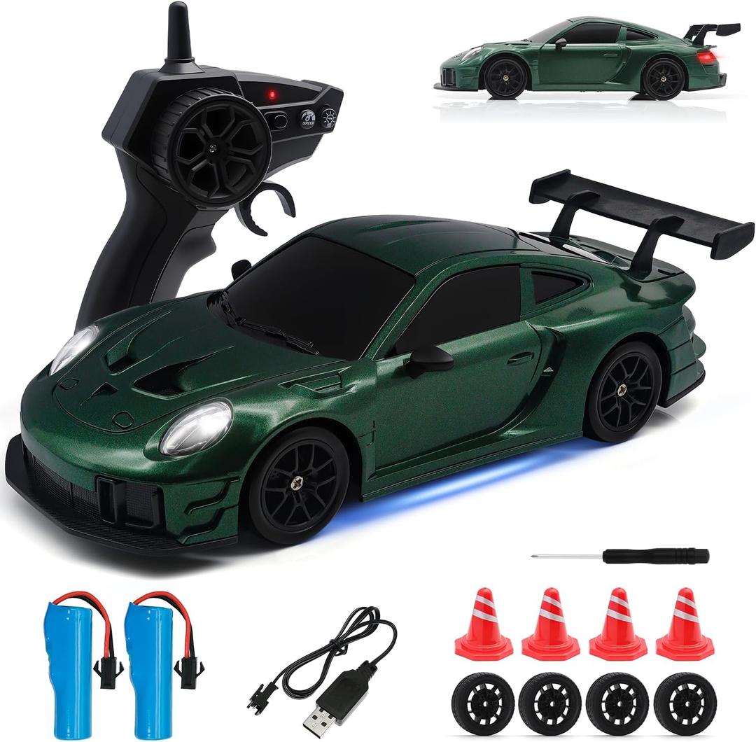 RC Drift Car, 1:24 4WD Remote Control Cars Vehicle with LED Light,2.4GHz 20KM/H High Speed RC Cars with Two Batteries & Drifting Tires Racing Sport Toy for Adults Boys Girls Kids