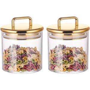 2 Pack 16 oz Small Acrylic Storage Apothecary Jar with Gold Airtight Lid | Bathroom Vanity Organizer Containers | Ideal Decorative Canisters for Shells, Bath Salt, Cotton Swabs, Cotton Ball