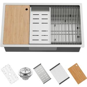 Kitchen Sink Workstation,32"x19" Stainless Steel Undermount Single Bowl Sink Built-in Ledge Drop In Workstation Sink Design For Placing/Sliding Accessories-Cutting Board,Drying Rack,Colander