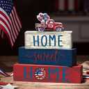 Cinnvoice 4 Pcs Patriotic 4th of July Wooden Block Decor 250th Anniversary Red Blue and White Tiered Tray Signs Home Sweet Home Tabletop Centerpiece for Kitchen Shelf Decoration Housewarming Gifts