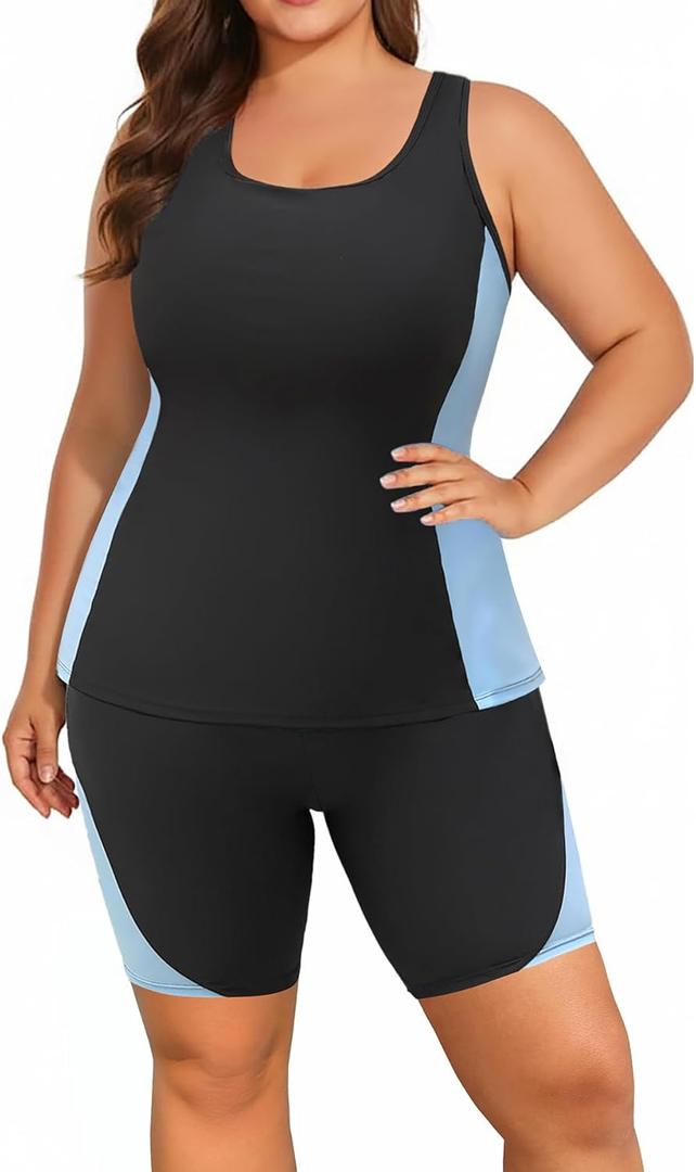 Daci Women Light Blue Plus Size Tankini High Waisted Racerback Two Piece Boyshort Swimsuit 18 Plus