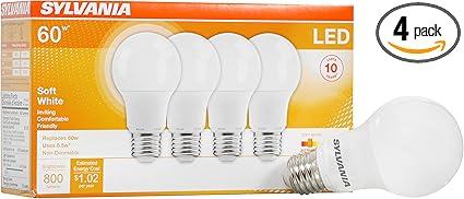 SYLVANIA LED A19 Light Bulb, 60W Equivalent Efficient 8.5W Medium Base, 2700K Soft White, 4 pack