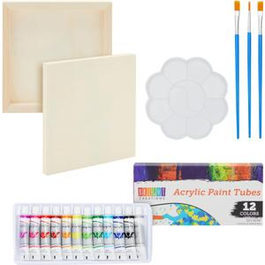 18-Piece 8x8-Inch Wooden Canvas Painting Set, 2 Natural Wood Panel Paint Boards with 12 Acrylic Paint Tubes, 3 Brushes, and 1 Plastic Palette for Crafting and Art Supplies