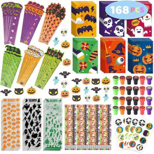 SpringFlower 168pcs Halloween Party Favors For Kids, Halloween Stationery set , Halloween Goody Bag Fillers including Pencil, Eraser, Ruler, Notepad, Stamper, Sticker For Trick or Treat