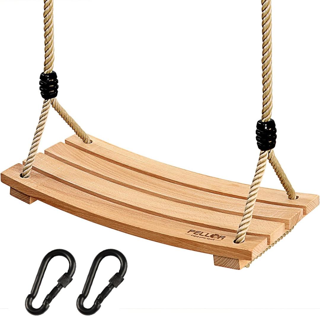 PELLOR Beech Wood Tree Swing Seat Hanging Swing Seat 16.5"x 7.9"x 0.6", Adjustable Rope Tree Swings Set for Kids Children Swings Chair Indoor and Outdoor Garden Play (Beige)
