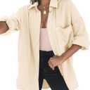 Dokotoo Womens Color Block Button Down Shirts Long Sleeve Oversized Boyfriend Blouses Tops (L)