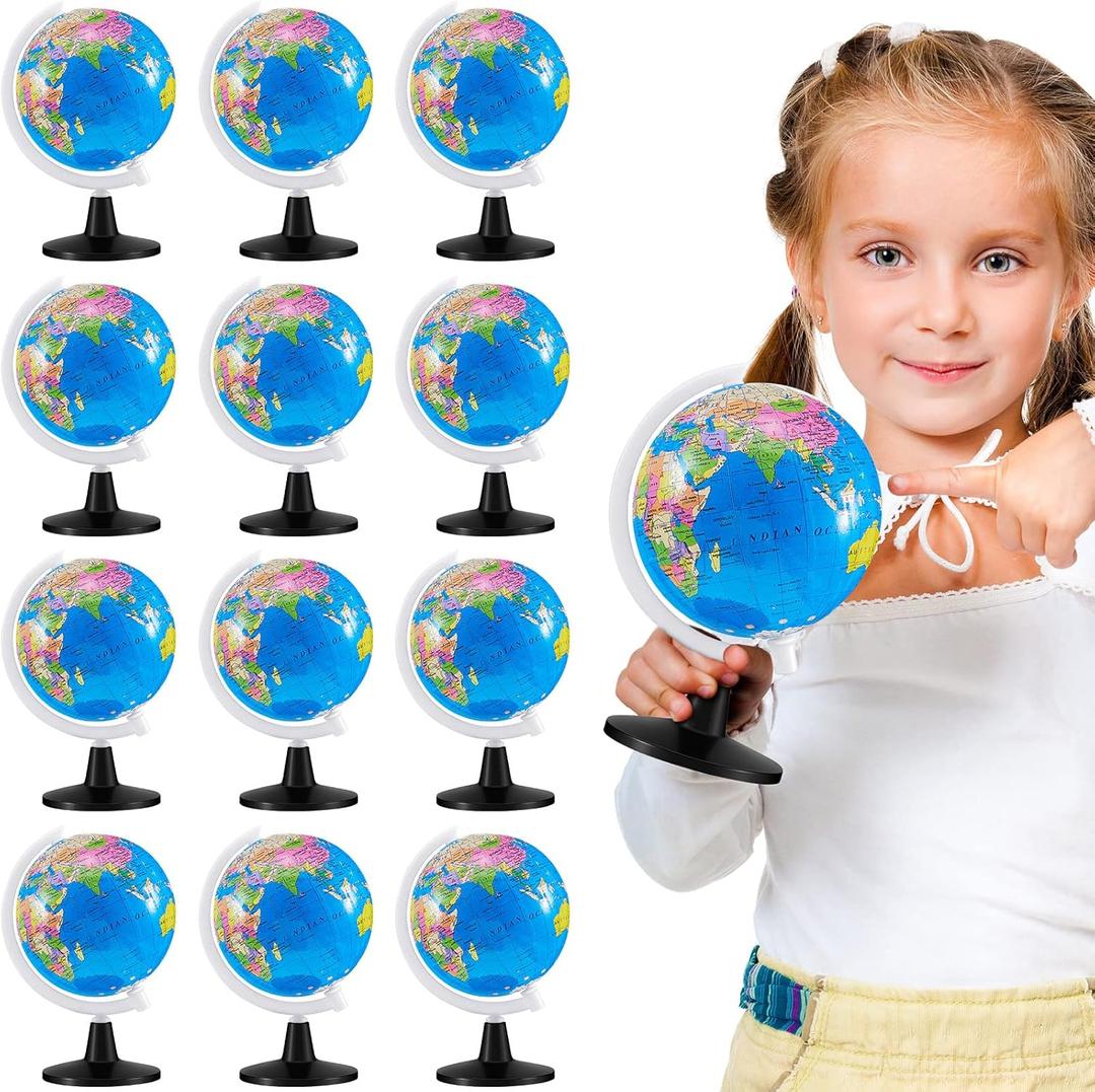 Henoyso 12 Pcs World Globe for Kids Learning 3.4 Inches Mini Rotating World Map Globe with Stand for Kids Educational Desk Classroom Decorative for Geography Table Decor, Blue