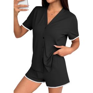 Hilinker Womens Button Up Pajamas V Neck Short Sleeve Tops and Shorts Sleepwear 2 Piece Lounge Set Black Small
