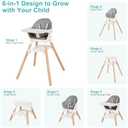 Baby High Chair, 6 in 1 Wooden Convertible High Chairs for Babies and Toddlers, Booster Seat with Double Tray & Reversible Footrest Baby Highchair, 5-Point Harness Baby Feeding Chair, Grey