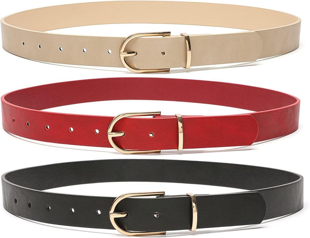 MORELESS 3 Pack Women's Faux Leather Waist Belt for Jeans Dress Black Red Beige Small (Black, S)
