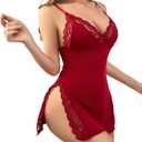 CRIPOM Babydoll Lingerie for Women Sexy Nightgowns Lace Chemise Cute Sleepwear Cami Nightie Modal with Side Slits (Red, XL)