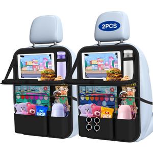Car Backseat Organizer with Table Tray((2-Pack)) 9 Storage Pockets Backseat Car Organizer and storage with Tablet Holder, Kick Mats Back Seat Cover for Kids family Road Trip Essentials Travel (Black)