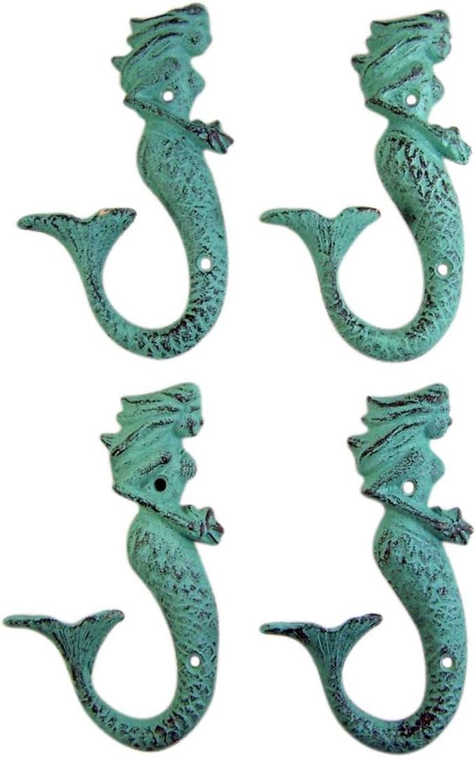 Patina Green Cast Iron Mermaid Wall Hook 6 Inch (Set of 4)