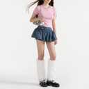 Women Y2K Crop Tops Short Sleeve Ribbed Knit Shirts Cute Bow Embroidery Tee Shirts Teen Girls Slim Fitted Baby Tees (Large, Pink)