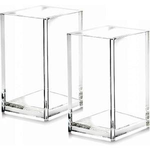 2 Pack Clear Acrylic Pencil Pen Holder Cup,Desk Accessories Holder,Makeup Brush Storage Organizer,Modern Design Desktop Stationery Organizer for Office School Home Supplies,2.6x 2.6x 4 inches