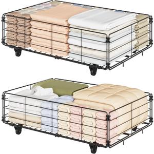 Under Bed Storage Containers Under Bed Storage with Wheels Metal Foldable Under Bed Shoe Storage Container Tool-Free Storage Organizer Drawer for Clothes, Shoes(2 pieces, Medium Black)