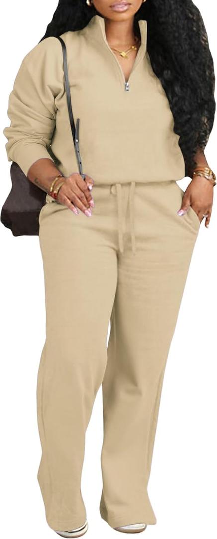 Adogirl Womens 2 Piece Outfits Lounge Sets Fall Half Zip Sweatshirt and Jogger Pants With Pockets Matching Set Tracksuit (Beige, XL)