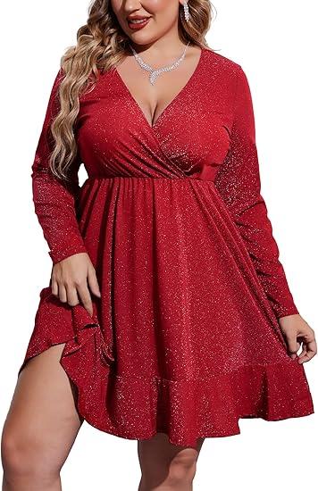 IN'VOLAND Plus Size Womens Glitter Dress V Neck Long Sleeve Ruffle Hem Swing Club Cocktail Party Dresses, 26 Plus