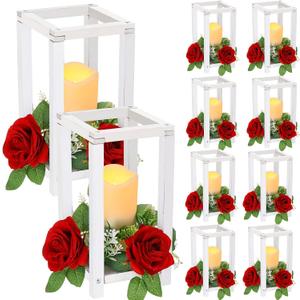 Hushee 30 Pcs Integrated Wedding Lantern Centerpiece Rustic Wooden Holder with Candles and Rings Farmhouse Candle Lantern Decor for Home Valentine Wedding Party Table Decor (White and Red)