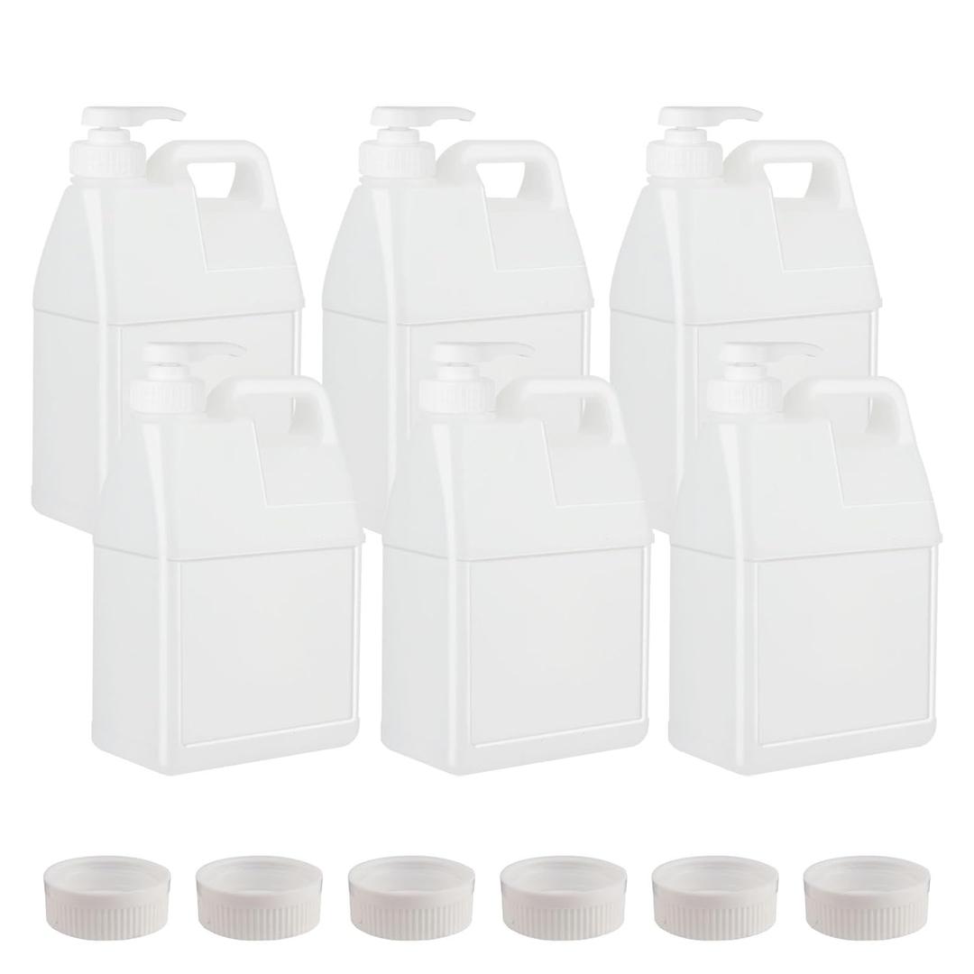 6 Pack 64 oz Clear Plastic Jugs with Pumps, Camping Water Jug Storage Containers with Ergonomic Handle, HDPE Containers Soaps (0.5 Gallon With Pump)