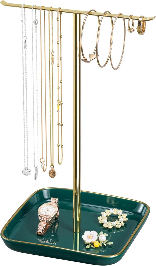 pickpiff Necklace Holder Stand with Ceramic Base: 12" Jewelry Tree Display Organizer for Necklaces, Bracelets, Rings, Earrings, Tall Gold and Green Stand for Women, Aesthetic Room Dcor