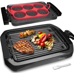 Bakers Friend Indoor Griddle & Grill, Electric Griddle with 2 in 1 Indoor Grill and Griddle Plate Indoor Grill with Removable Plate, Silicone Mold, Dishwasher Safe, Recipes Include, Graphite