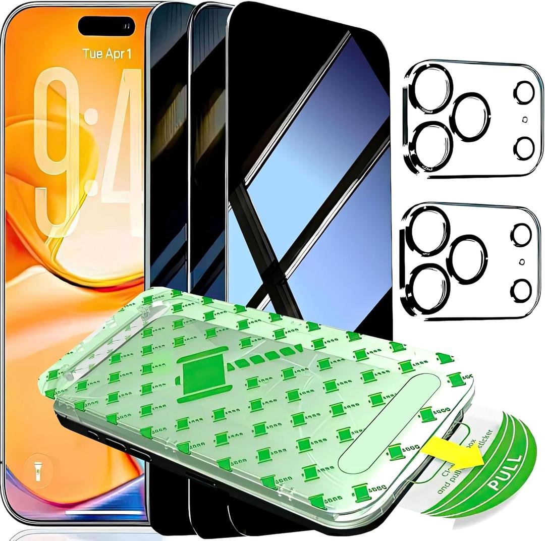 3 Pack for iPhone 17 Pro Screen Protector Privacy Full Cover Glass + 2 Camera Lens Protector 9H+ Tempered Glass Military Grade Shatterproof Anti Spy Bubble Free Auto installation Frame
