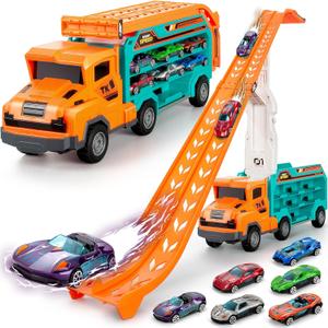 BainGesk Carrier Truck Toys for 3 4 5 6 Years Old Boys, 2.8 Ft Race Track Transport Cars with 6 Die-Cast Metal Toy Cars, Birthday Gifts Kids Age 3-5, Racing Toys Gifts for Toddlers (Orange)