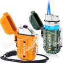 LcFun 2 Pack Waterproof Outdoor Lighter, Windproof Torch Lighters Butane Refillable, Electric Dual Arc Plasma Lighter USB Rechargeable, Tactical Survival Gear Gadgets for Men for Camping, Hiking (Orange + Camouflage)