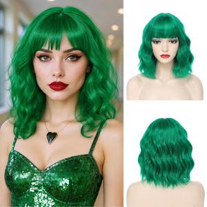 Short Green Wavy Wigs with Bangs Green Bob Wig for Women 12 Inch Colored Wig Synthetic Fiber Hair Wigs for Halloween St. Patrick's Use