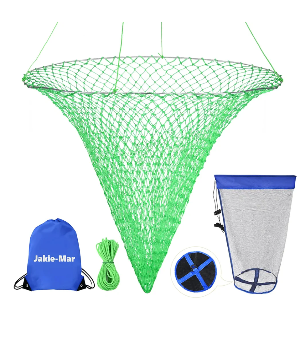 Foldable Bridge and Pier Fishing Net, Drop Net for Pier Fishing, Pier Net for Fishing Saltwater Freshwater, Multi-Purpose Foldable Rubber Fish Basket with 32FT Rope