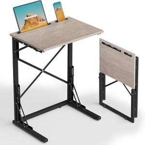 21''Wx28''H Folding TV Tray, Small Foldable C-Shaped End Table for Eating with Tablet and Phone Slots, Slide Under Couch Side Table for Recliner, Living Room, Bedroom, Deep Grey (Greige)