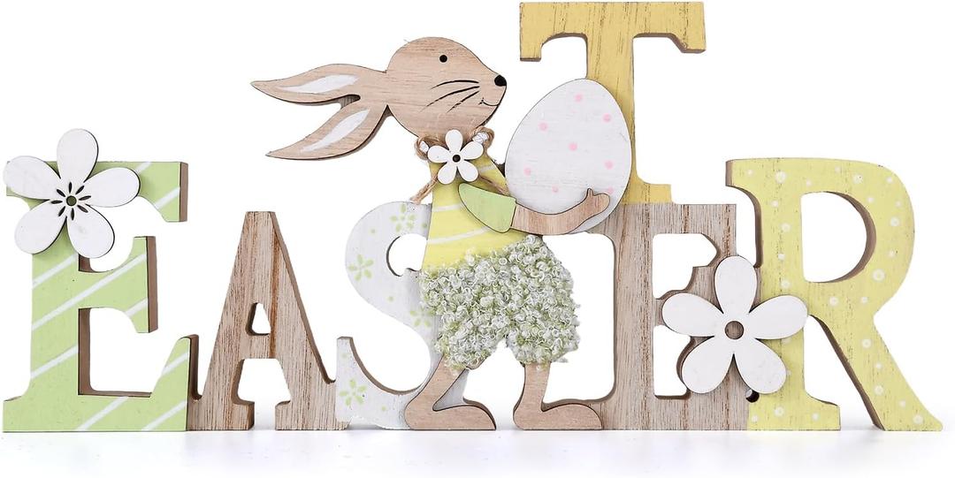 Easter Table Decorations Bunny Tiered Tray Decor Wooden Bunny Block Signs Gifts Happy Easter Centerpiece for Tables Wood Rabbit Tabletop Signs for Kitchen Home Shelf Office Decor (White, yellow)