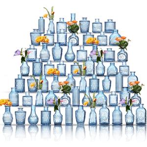 Glass Bud Vases Set of 64 - Blue Assorted Small Mini Glass Vases for Flowers, Crystal Vintage Vase Set, Bulk Centerpieces for Table Dcor, Wedding, Home and Events (Blue, 64 Pcs)