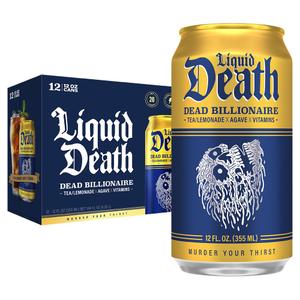 Liquid Death Iced Tea - Dead Billionaire (Black Tea/Lemonade), Less Sugar*, Boost of Caffeine, B Vitamins, No Artificial Sweeteners, 12 Fl Oz (Pack of 12) Best By 03/31/2023