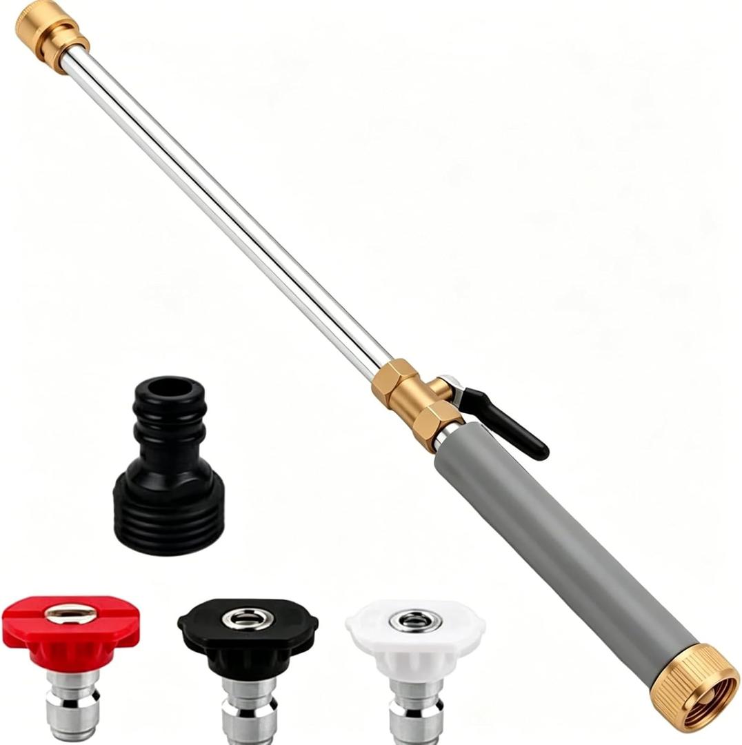 Jet Nozzle Power Sprayer for Garden Hose, 3 Nozzle Wand, Pocket Hose Arrow Pressure Washer Attachment for Car Washing, Patio and Outdoor Cleaning (Grey)