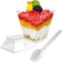 50 Pack 2 oz Square Clear Plastic Dessert Cups with Lids and Spoons, Parfait Cups, Appetizers, Puddings, Mousse Parfait Ice Cream (50, 2 oz) (Small)