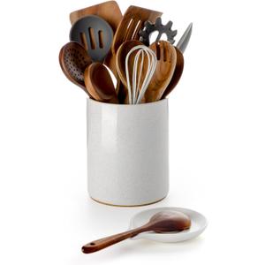 Nucookery Utensil Holder with Spoon Rest, 6.4'' Large Ceramic Kitchen Utensil Crock, Heavyweight Countertop Organizer Holds 1015 Utensils, Easy Clean, Non-Slip Cork Base