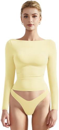 SUUKSESS Women Crew Neck Long Sleeve T Shirts Double Lined Tight Fitted Crop Top XS