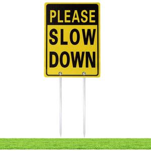 Kichwit Please Slow Down Sign, 16 Inch x 12 Inch/28 Inch High, Double Sided Aluminum Reflective Slow Down Sign with Metal Stakes