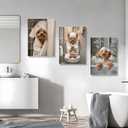 Framed 3Pcs Funny Bathroom Wall Art Dog Playing Phone on Toilet and Taking Bath in Bathroom Pictures Posters Cute Pet Canvas Prints Wall Decor for Dog Lovers Bathroom and Laundry Room Decoration