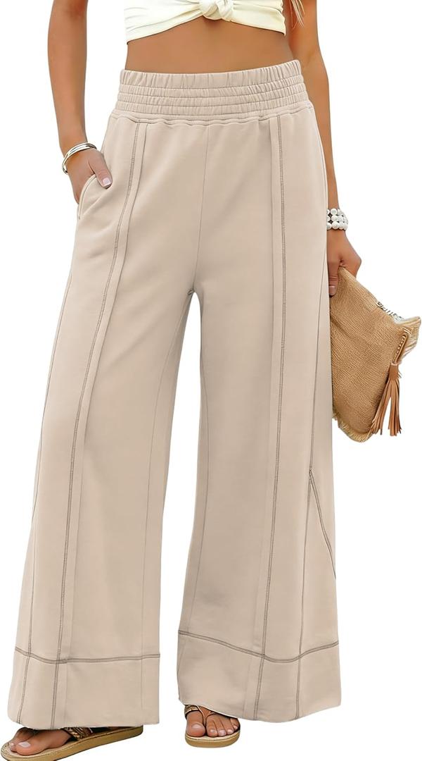 Tanming Womens Wide Leg Pants Cotton Stretchy High Waisted Palazzo Pants Daily Workout Wear Lounge Sweatpants with Pockets (Apricot-XS)