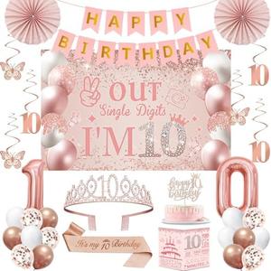 10th Birthday Decorations for Girls,32PCS 10th Birthday Party Decorations,Including Backdrop, Crown, Sash, banner, Hanging Swirl,Cake Topper,balloons, Anniversary Card and Paper Fans
