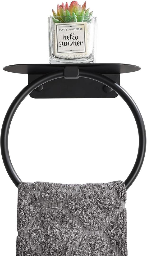 APLusee Matte Black Bath Towel Ring with Shelf, Stainless Steel Towel Holder, Wall Mount